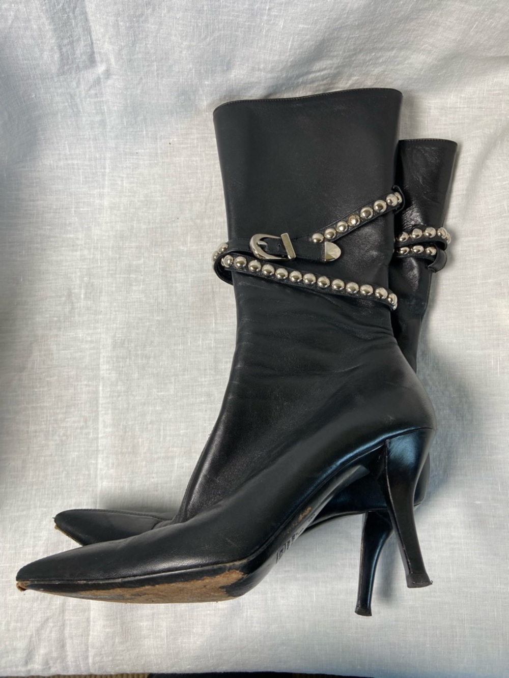 VICINI Black Leather Stud Belt Boots Y2K